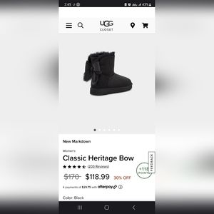 Ugg Classic Heritage Bow Women's Black Boots sz 6